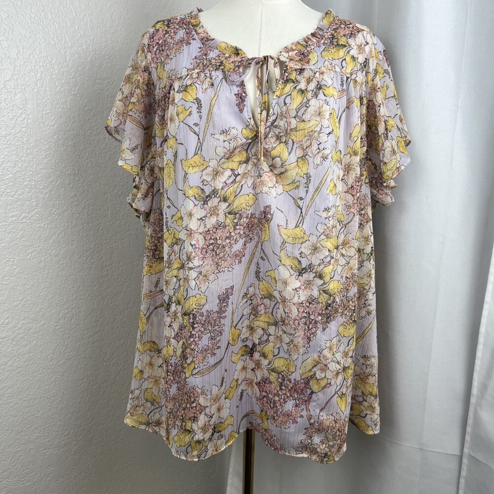 LC Lauren Conrad Top Womens 3X Floralā Metallic Stripe Ruffle Sleeve Boho Casual